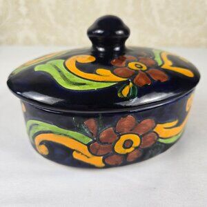 Talavera Pottery Box Removable Lid Oval Shaped Blue with Red Floral Greenery